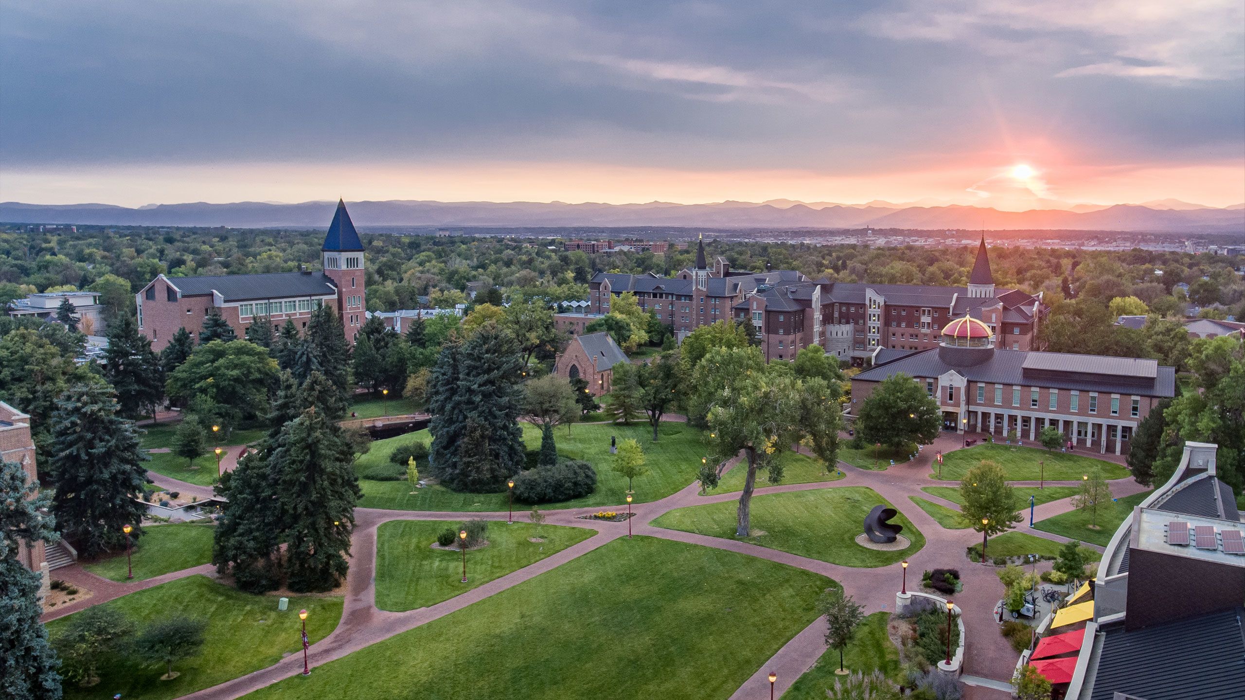 aerial view of sunset and DU campus