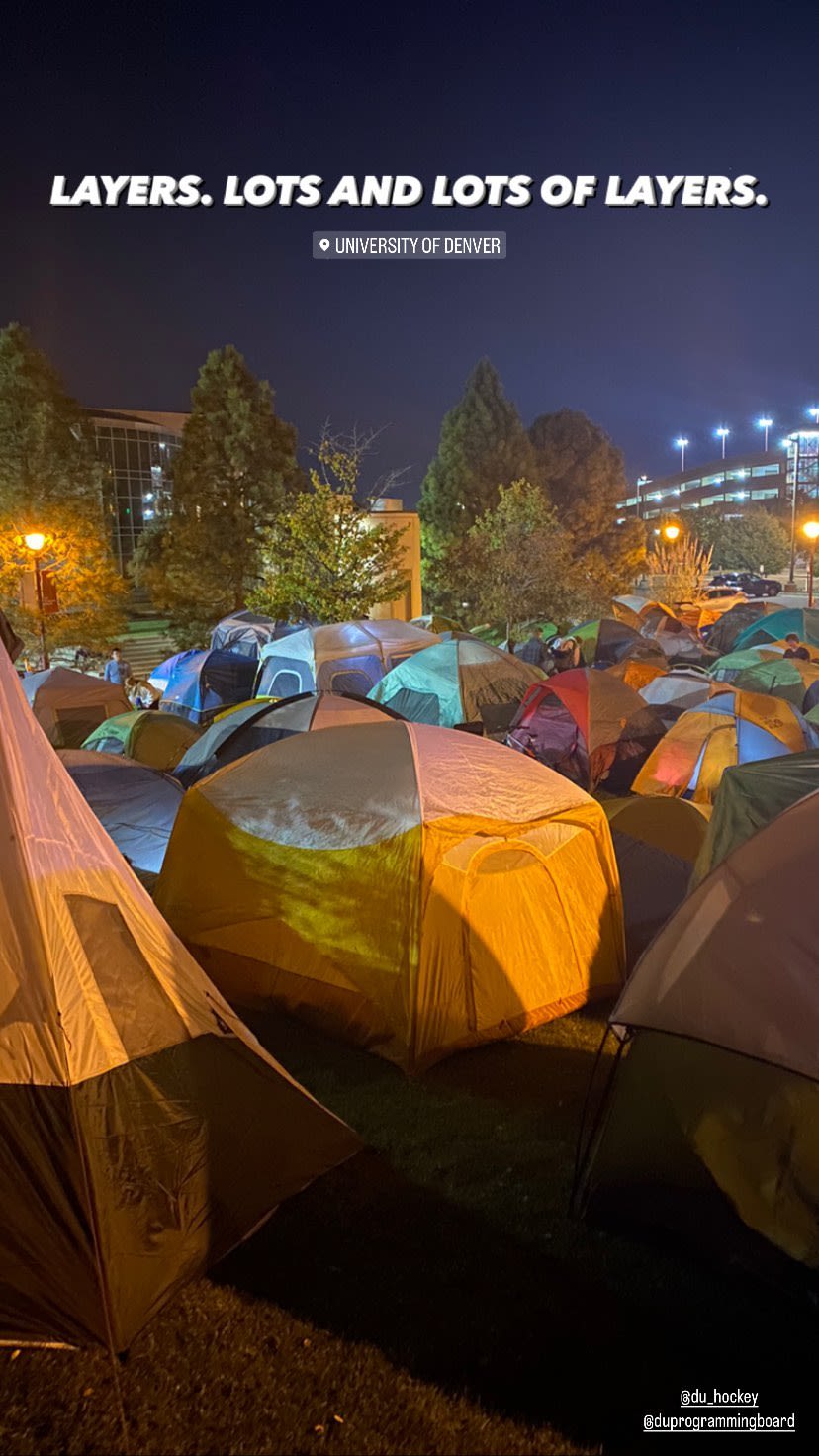 A social post that says "layers, lots and lots of layers." with an image of tents at night at the University of Denver
