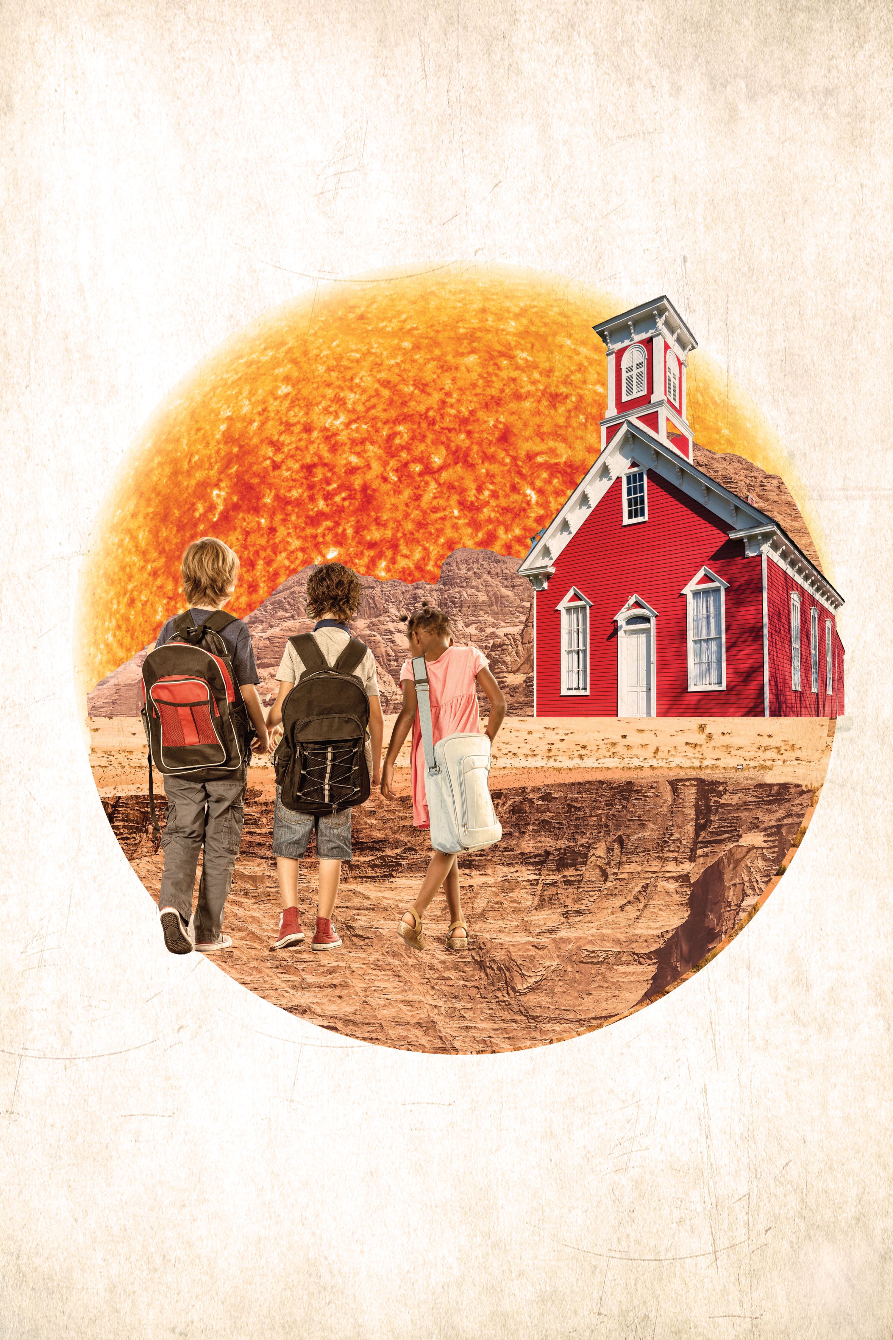 Illustration of three children walking to a red schoolhouse in a desert environment and a large, red sun representing heat in the background. 