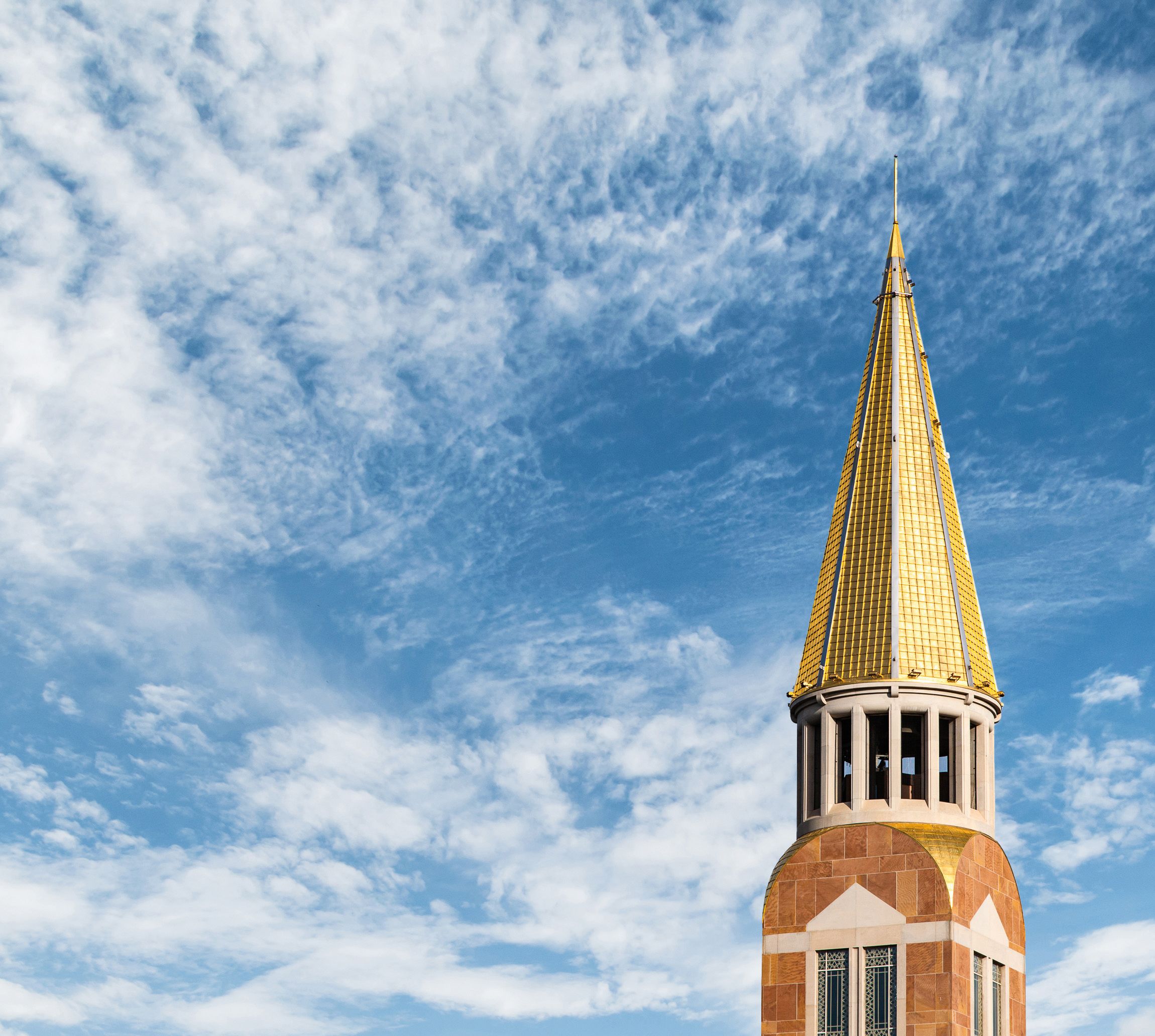 A photo of the Carillon tower backed by blue sky