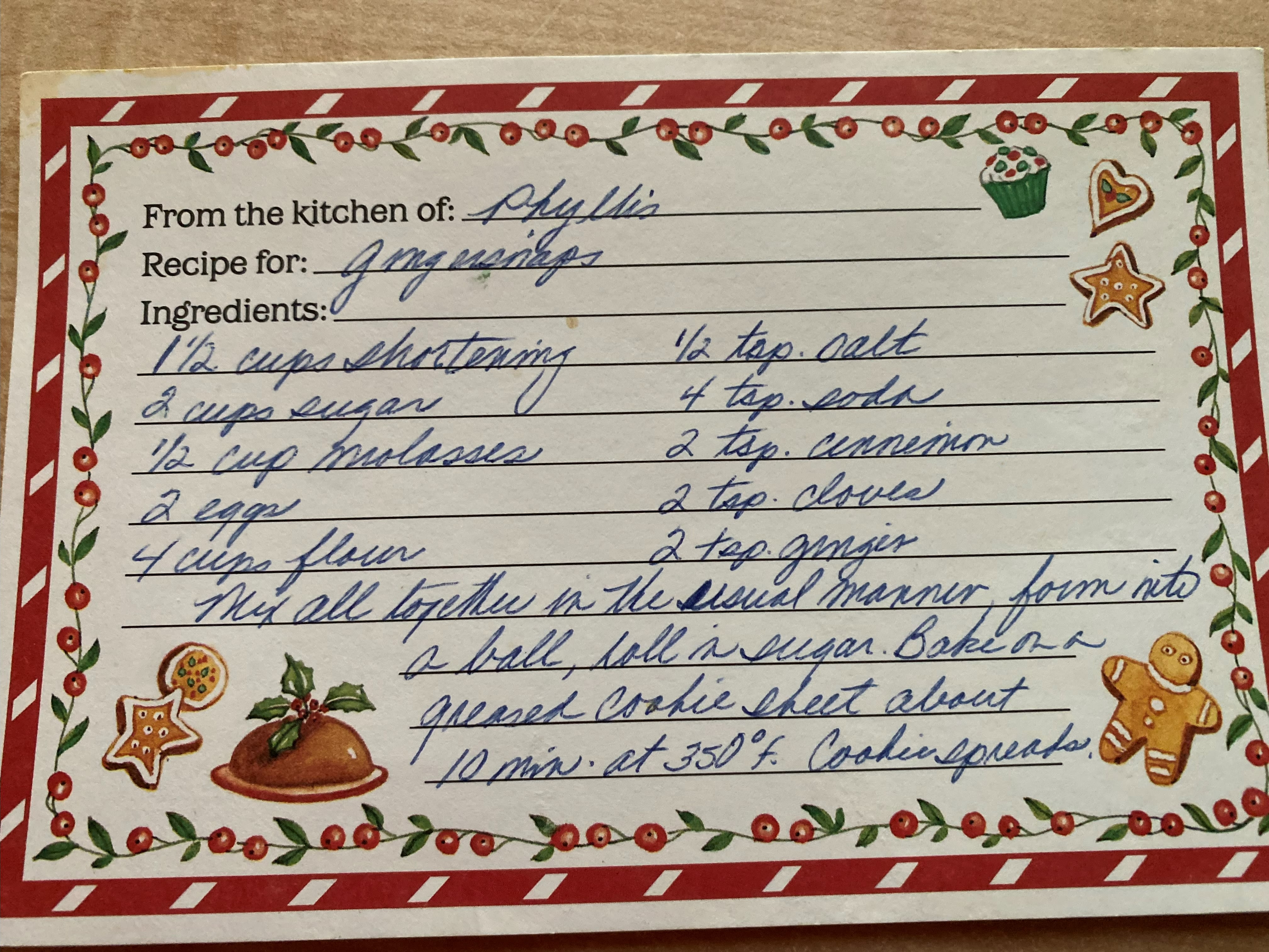 A handwritten recipe for Ginger Snaps 