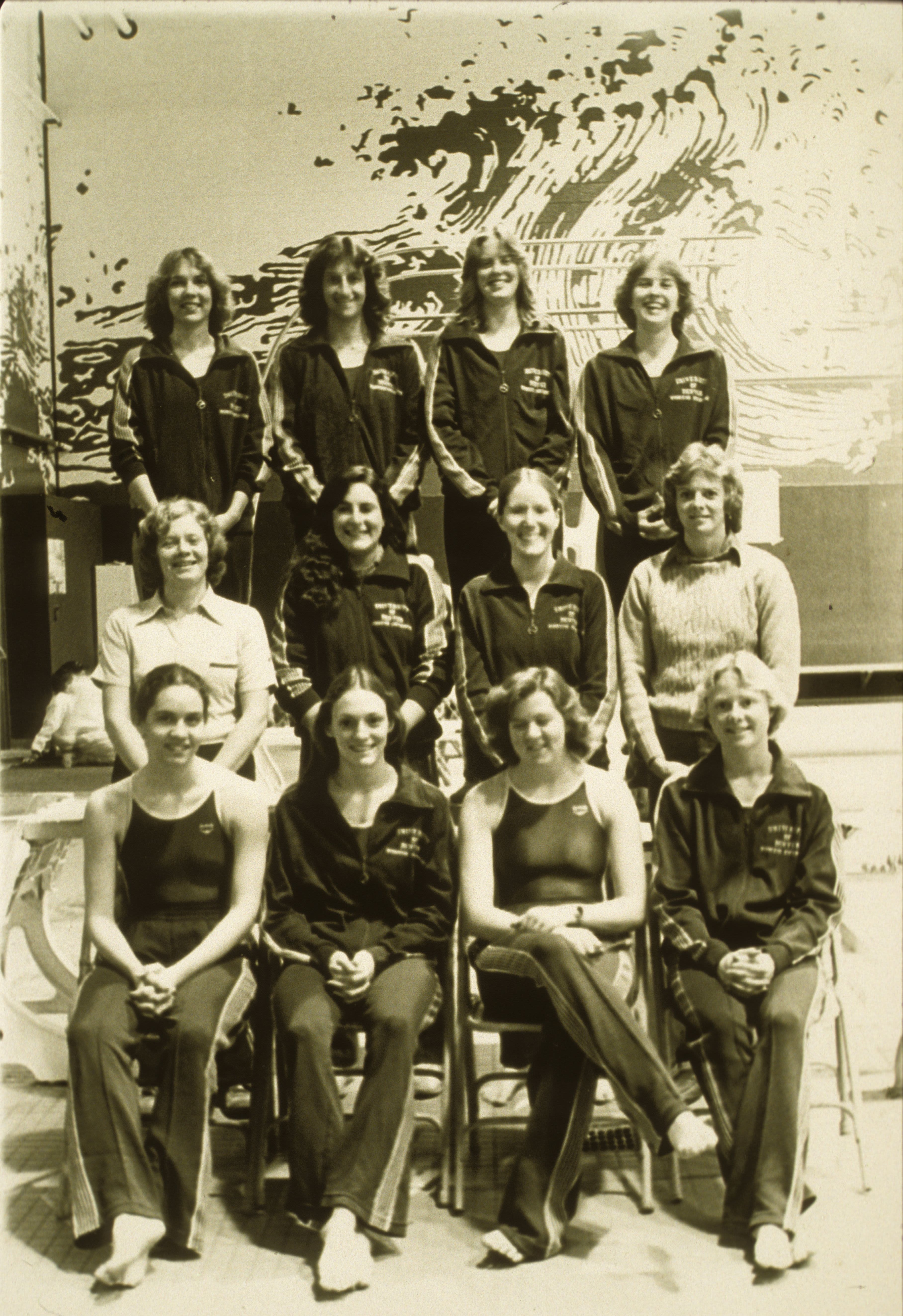 University of Denver (DU) Pioneers women's swim team members pose for a group portrait.