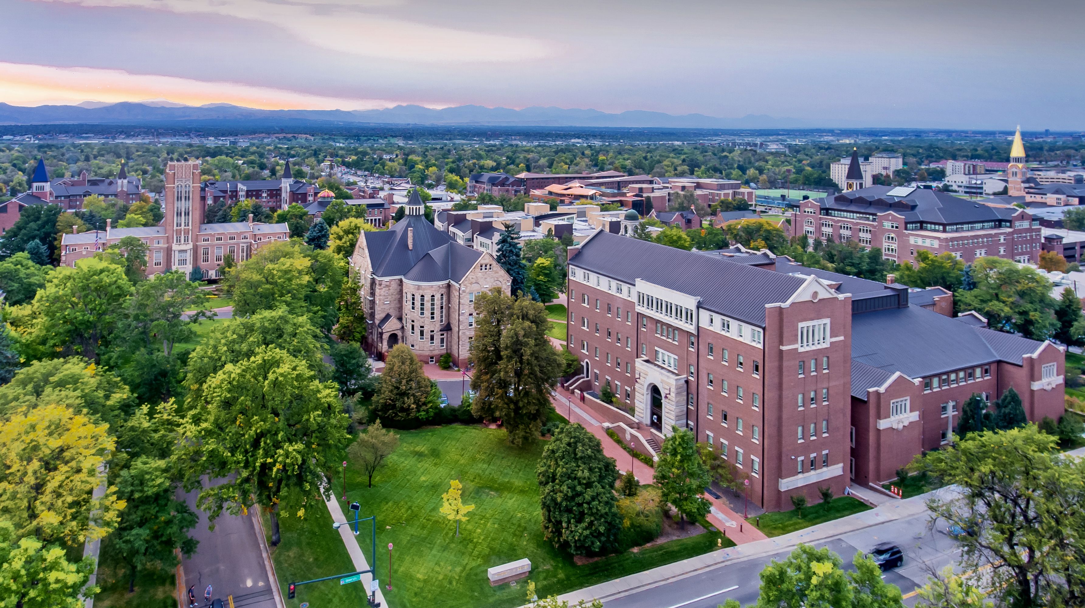 Drone photo of the DU campus at sunset