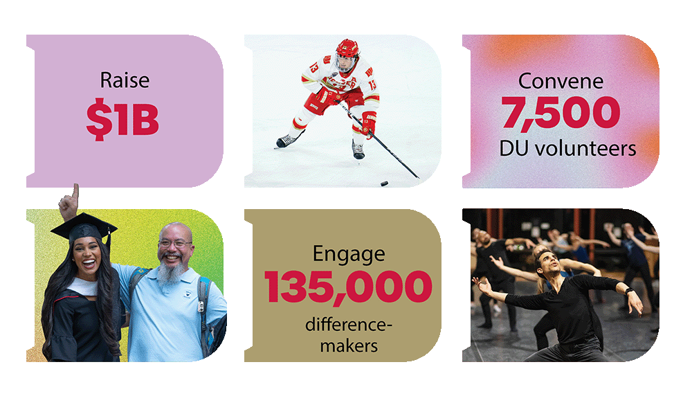 Infographic made of six "D" frames with photos of students, athletes and performers.