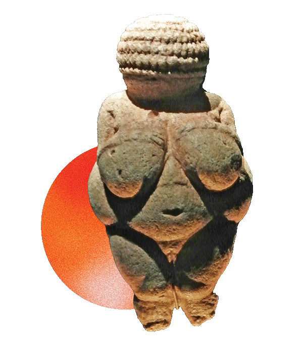 An image of Venus of Willendorf in front of an orange circle. 