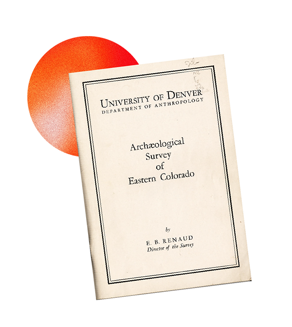 A pamphlet in front of an orange circle. 