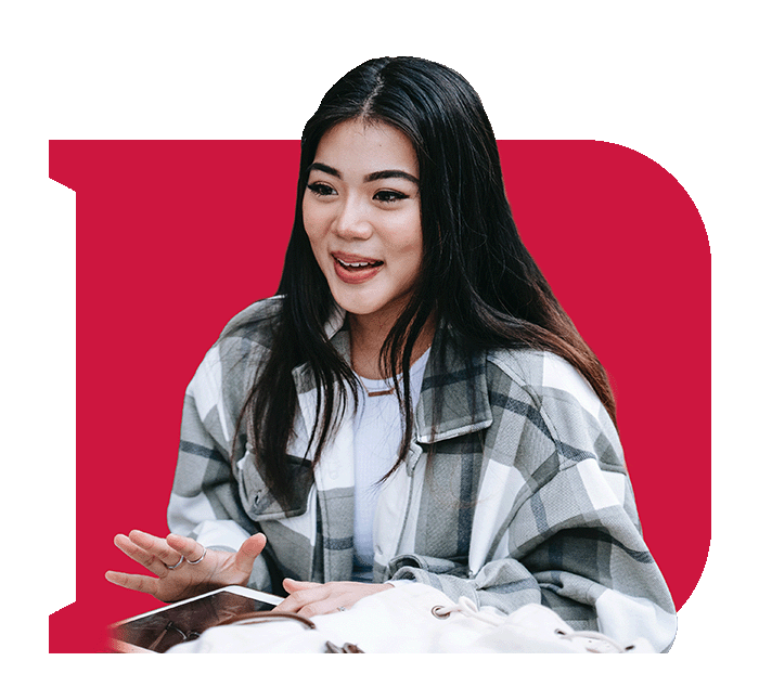 A student looking to the left, in a "D" shaped frame on a white background