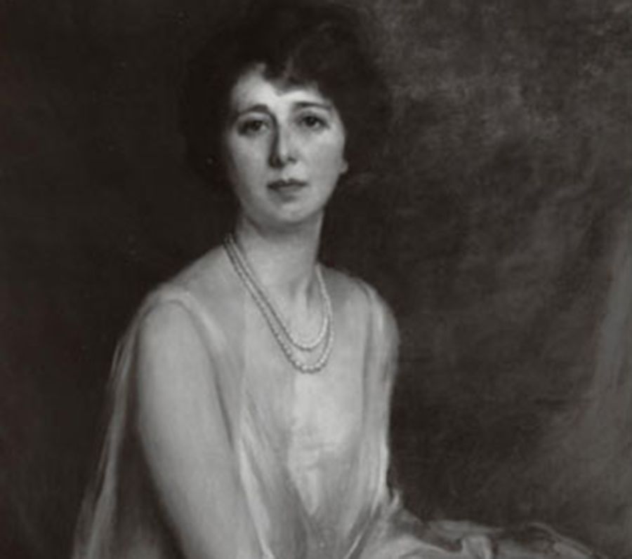 Black-and-white painted portrait of Mary Reed, who wears a silky white blouse and two strings of pearls.