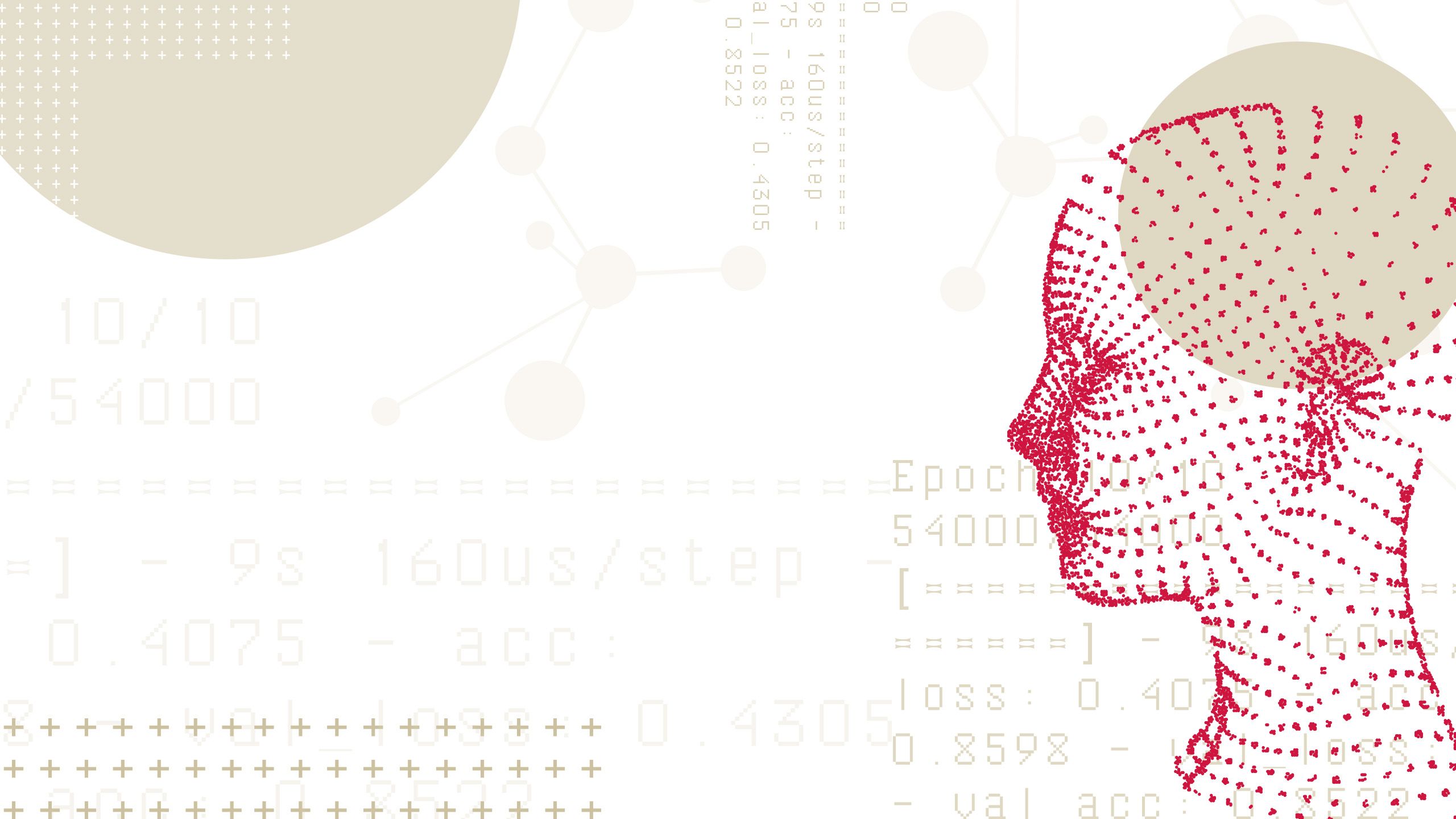 Numbers, letters and symbols indicative of computer code laid out across a white background. A head of red dots is visible in the right corner.