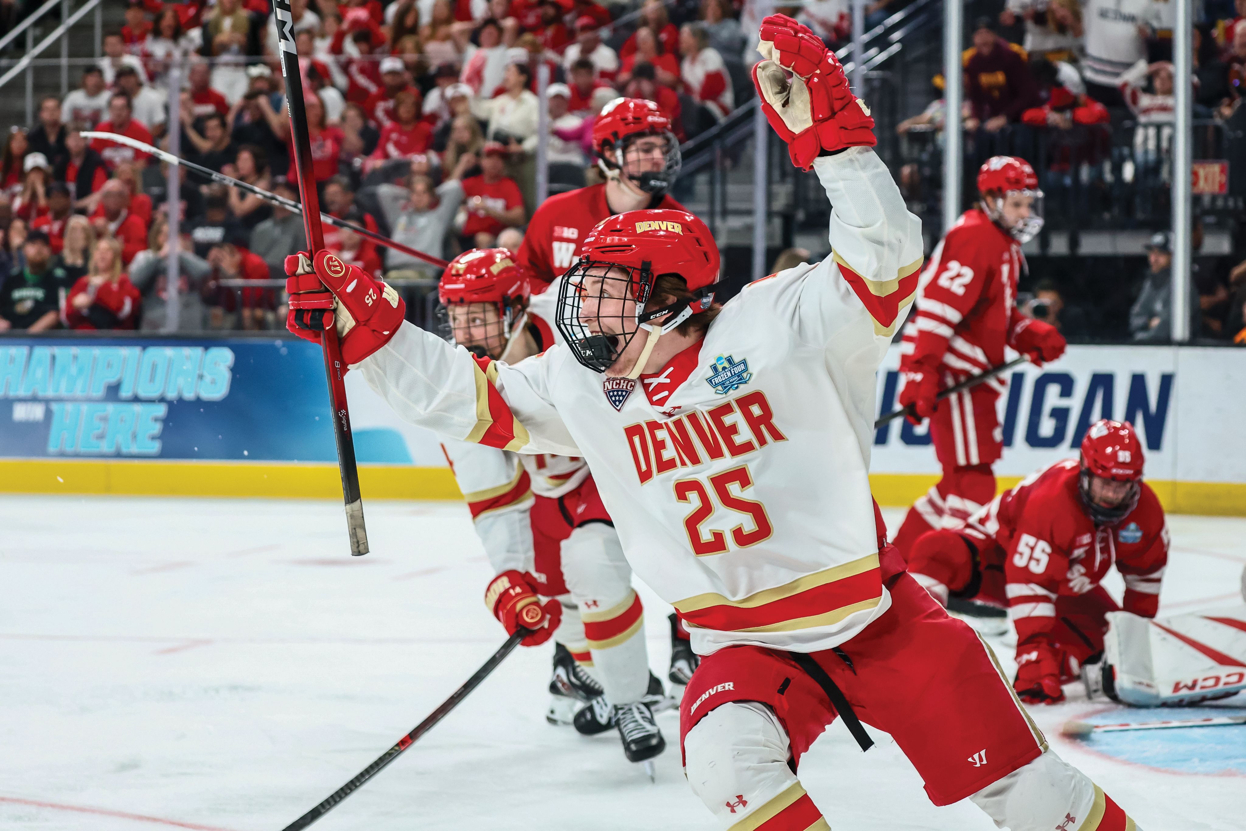 a hockey player celebrating during a game
