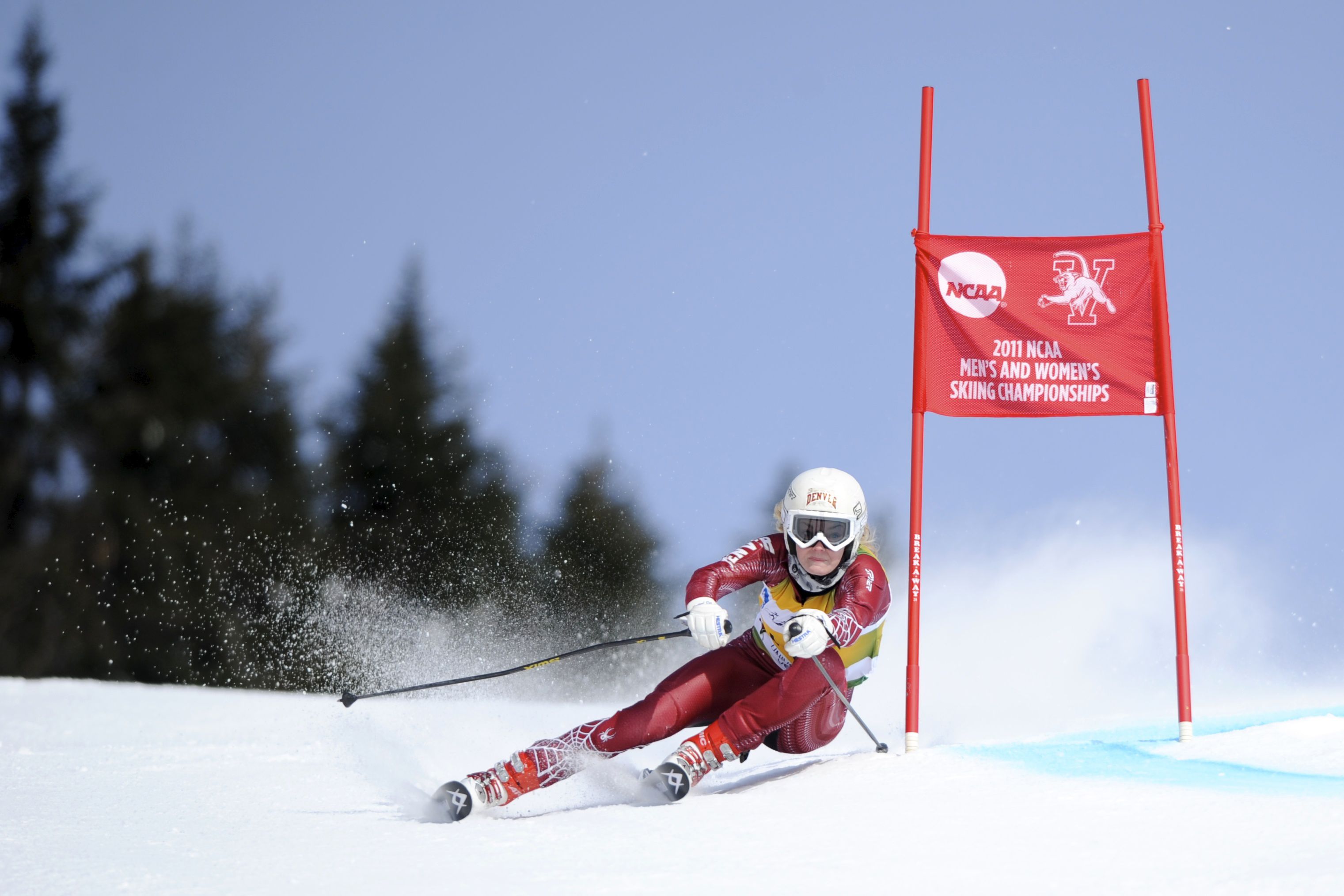 Dillingoen weeas a ski racing uniform and rounds a gate at a fast speed on only the left edges of her skis. 