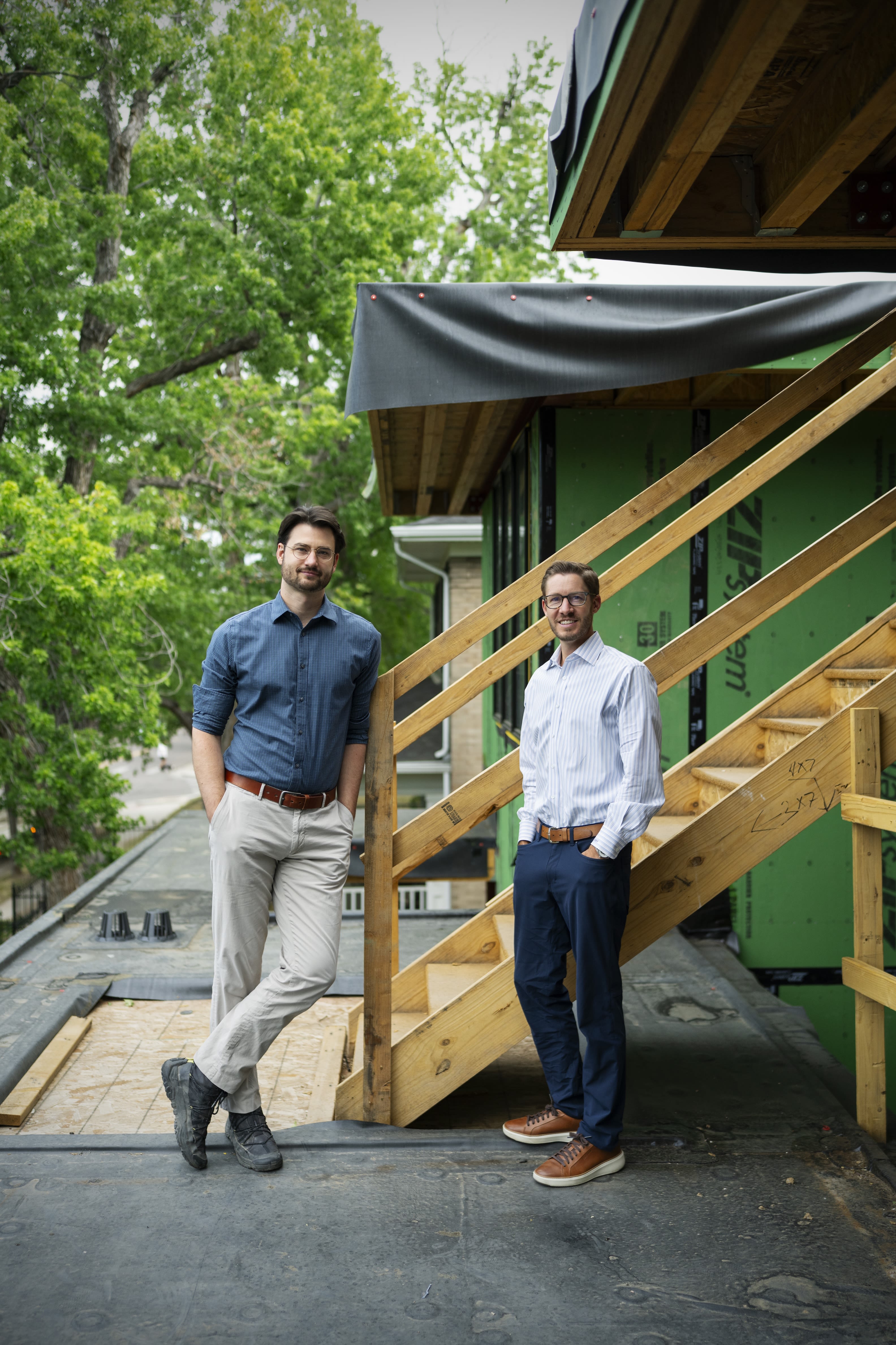 At a Stone Cloud Design Build site in Denver, grad student John Schrader (left) and his mentor, Jeff Nickless (MBA ’11), reflect on a relationship grounded in honesty, humility, and persistence.