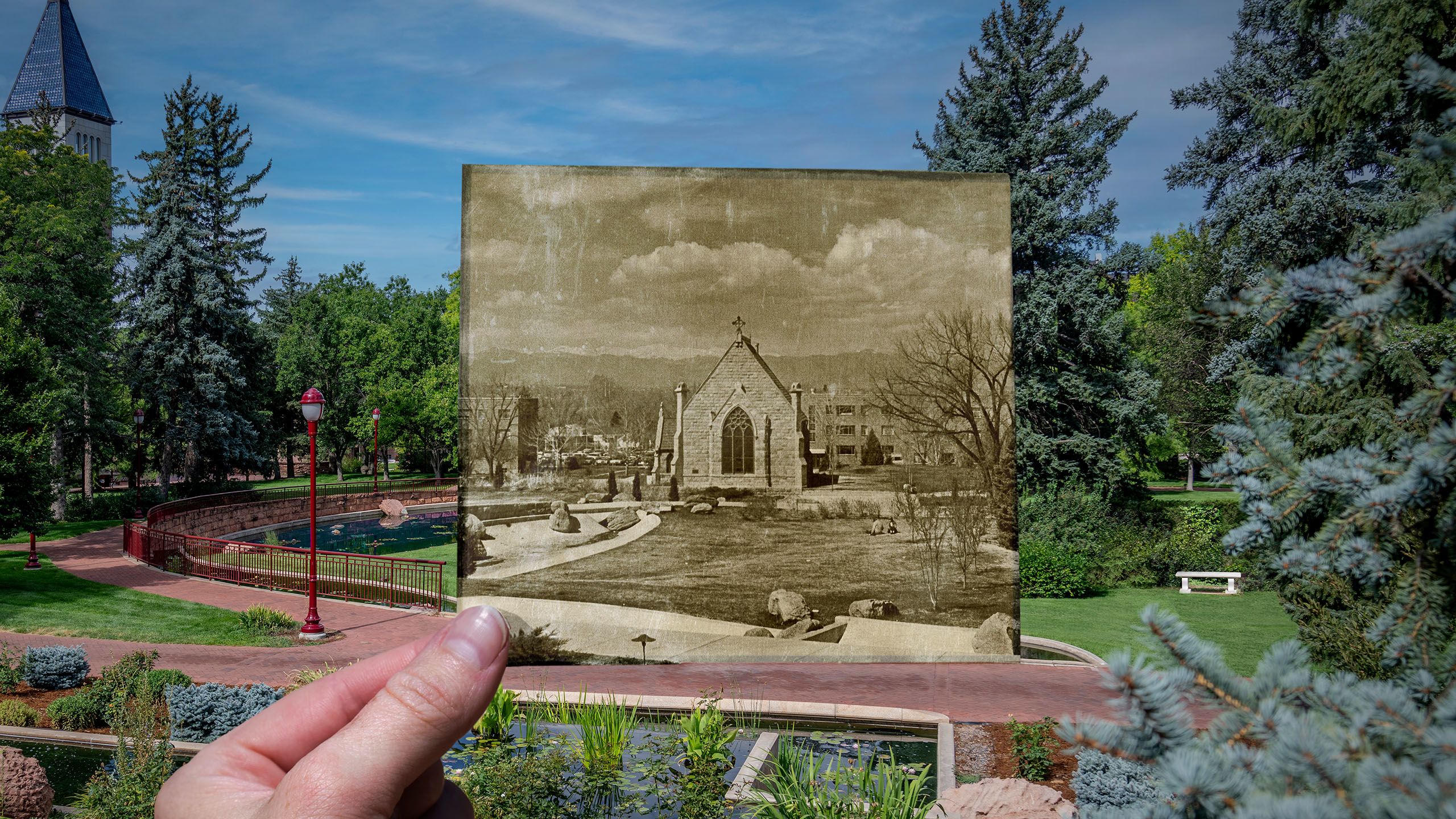 A composite image showing a historic photo of Evans Chapel, surrounded by contemporary campus.