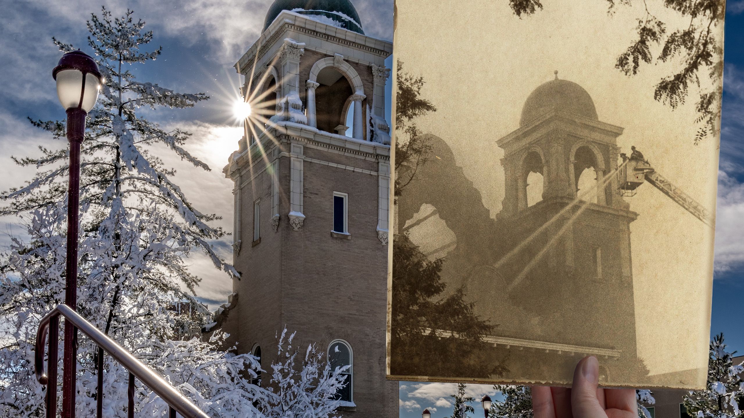 Historic photo of the Buchtel Chapel Fire overlaid on a modern photo of Buchtel Tower