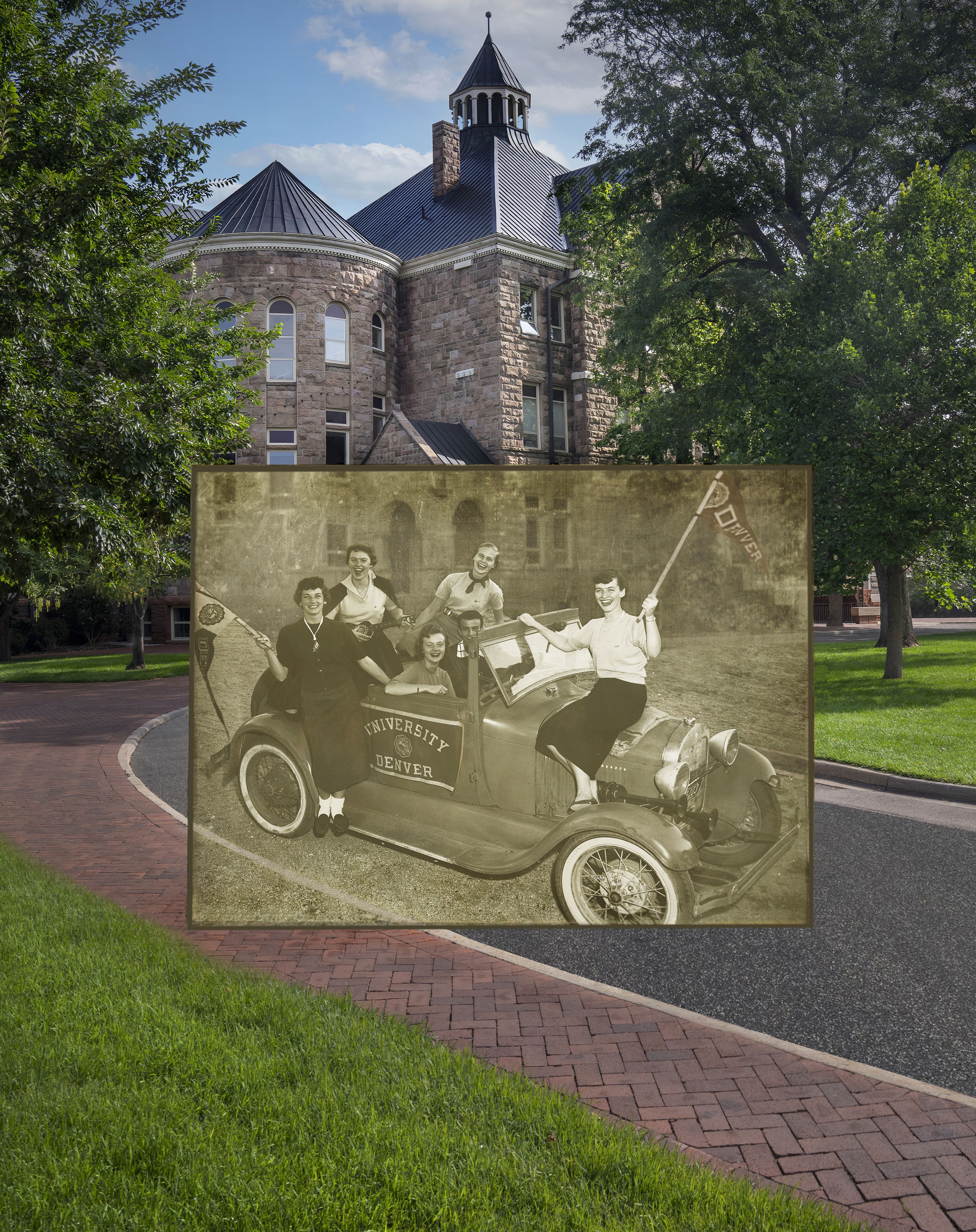 A composite image with a historic photo of students in a 1930s coupe with modern University Hall in the background