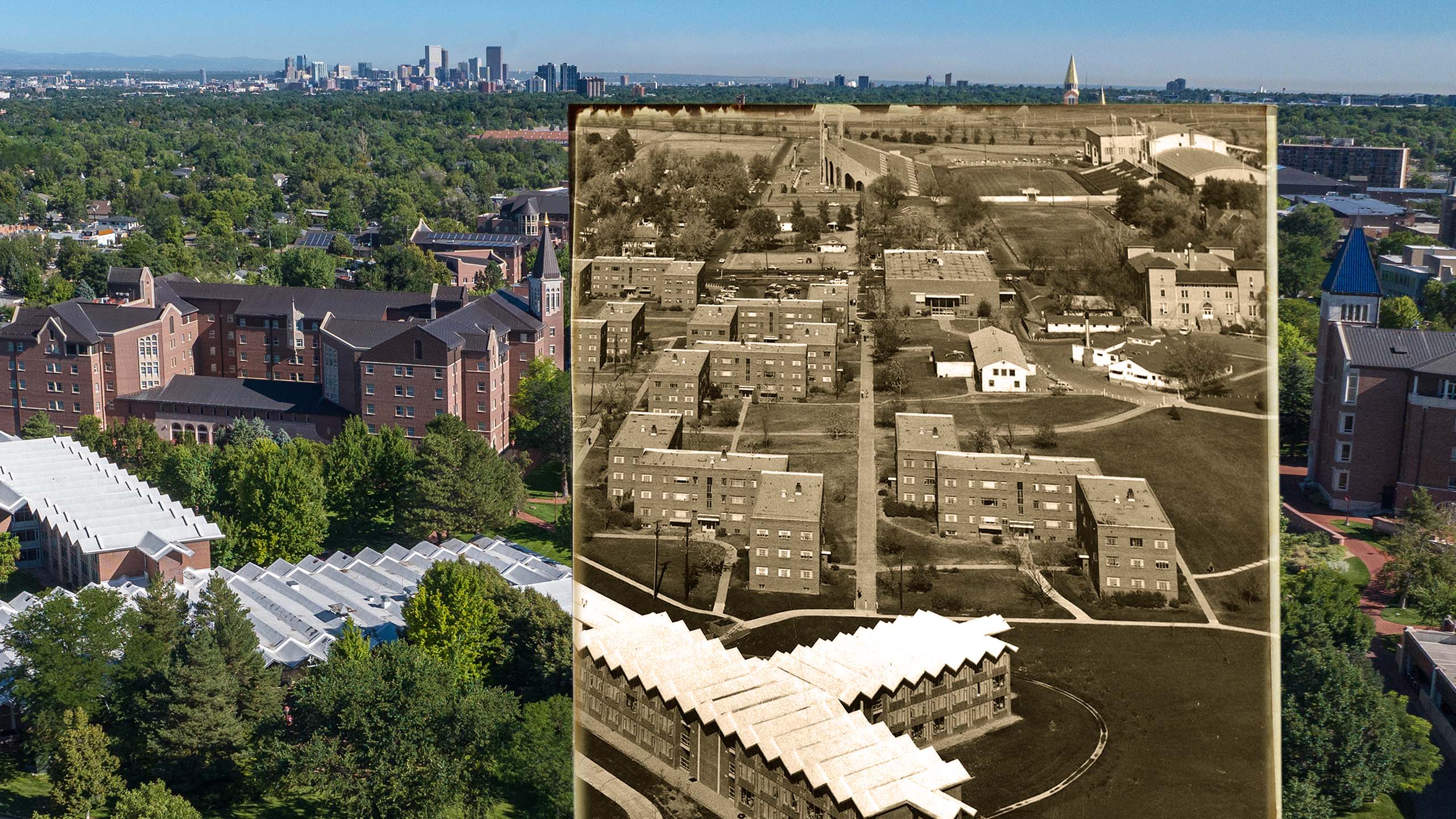 A composite image of a historic and a contemporary overhead view of campus, with dorms and other buildings visible