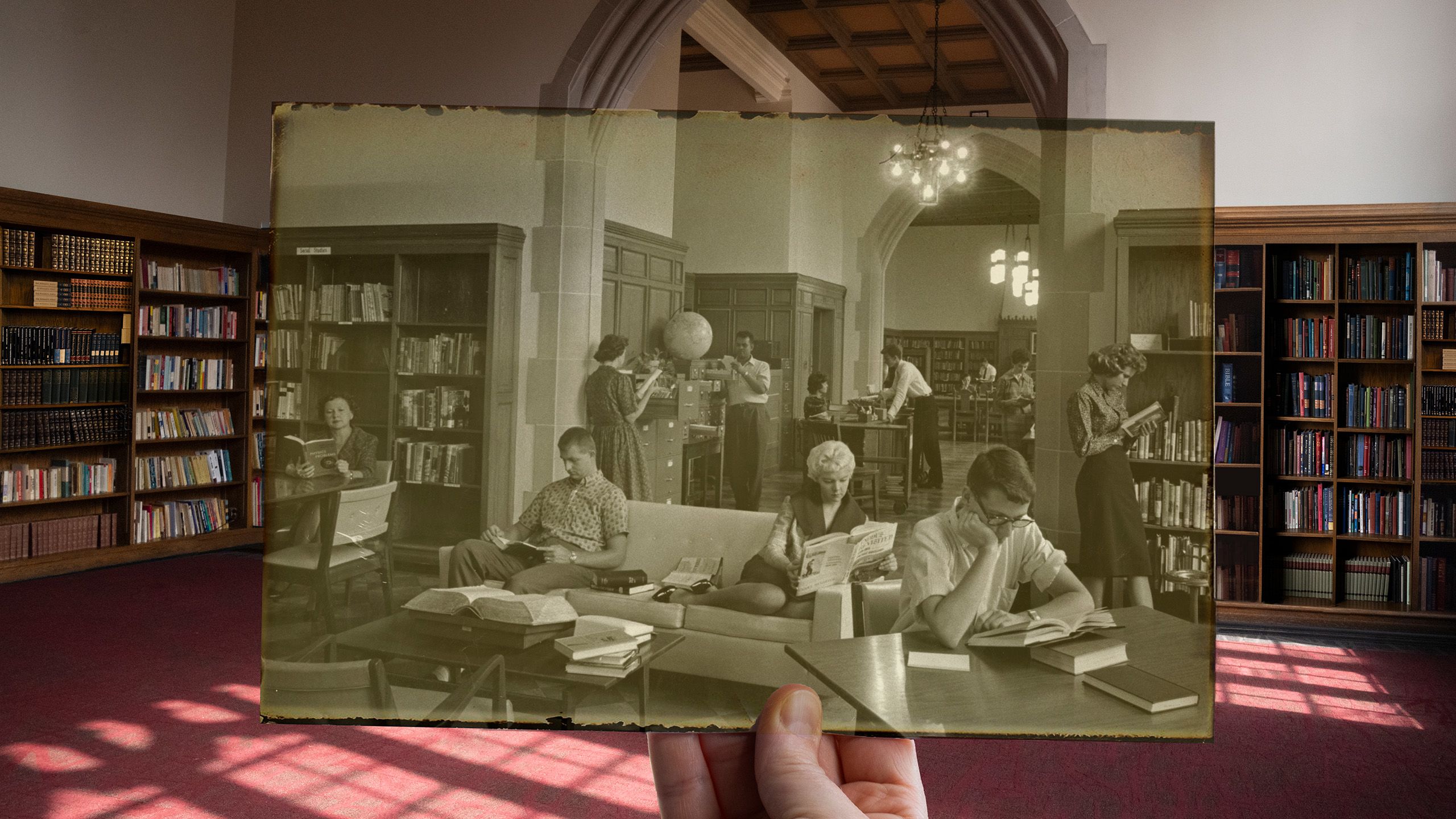 Composite image of historic photo of students studying in Mary Reed Hall with the modern room in the background