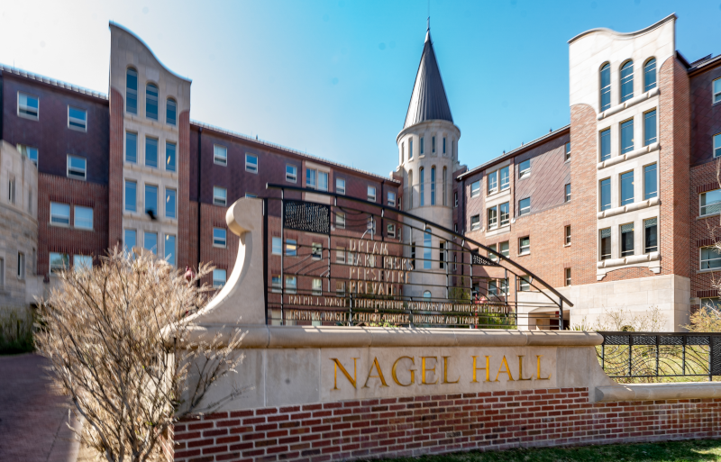An exterior photo of Nagel Hall
