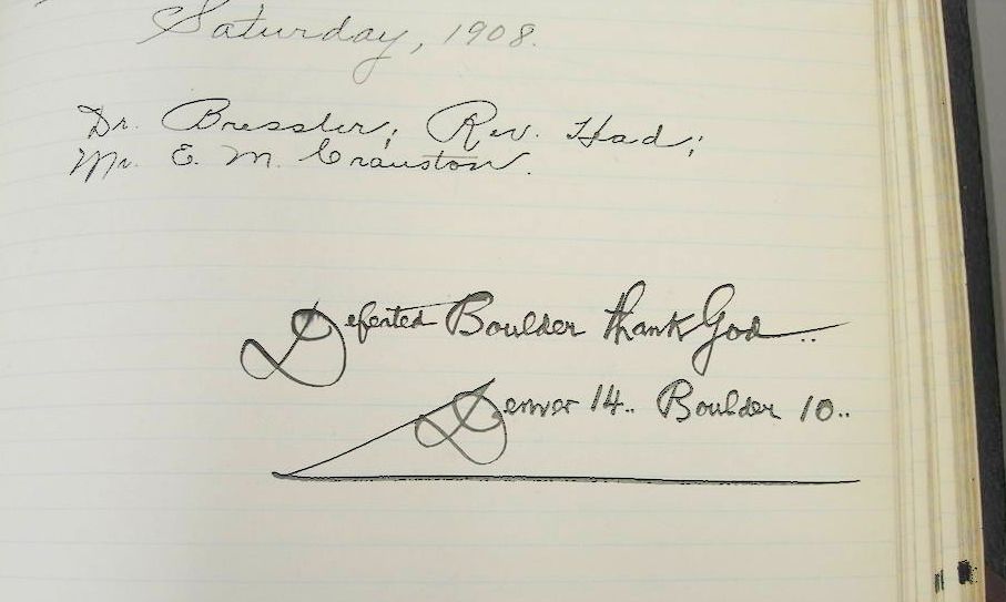 A hand-written note reads "Saturday, 1908. Defeated Boulder Thank God. Denver 14, Boulder 10"