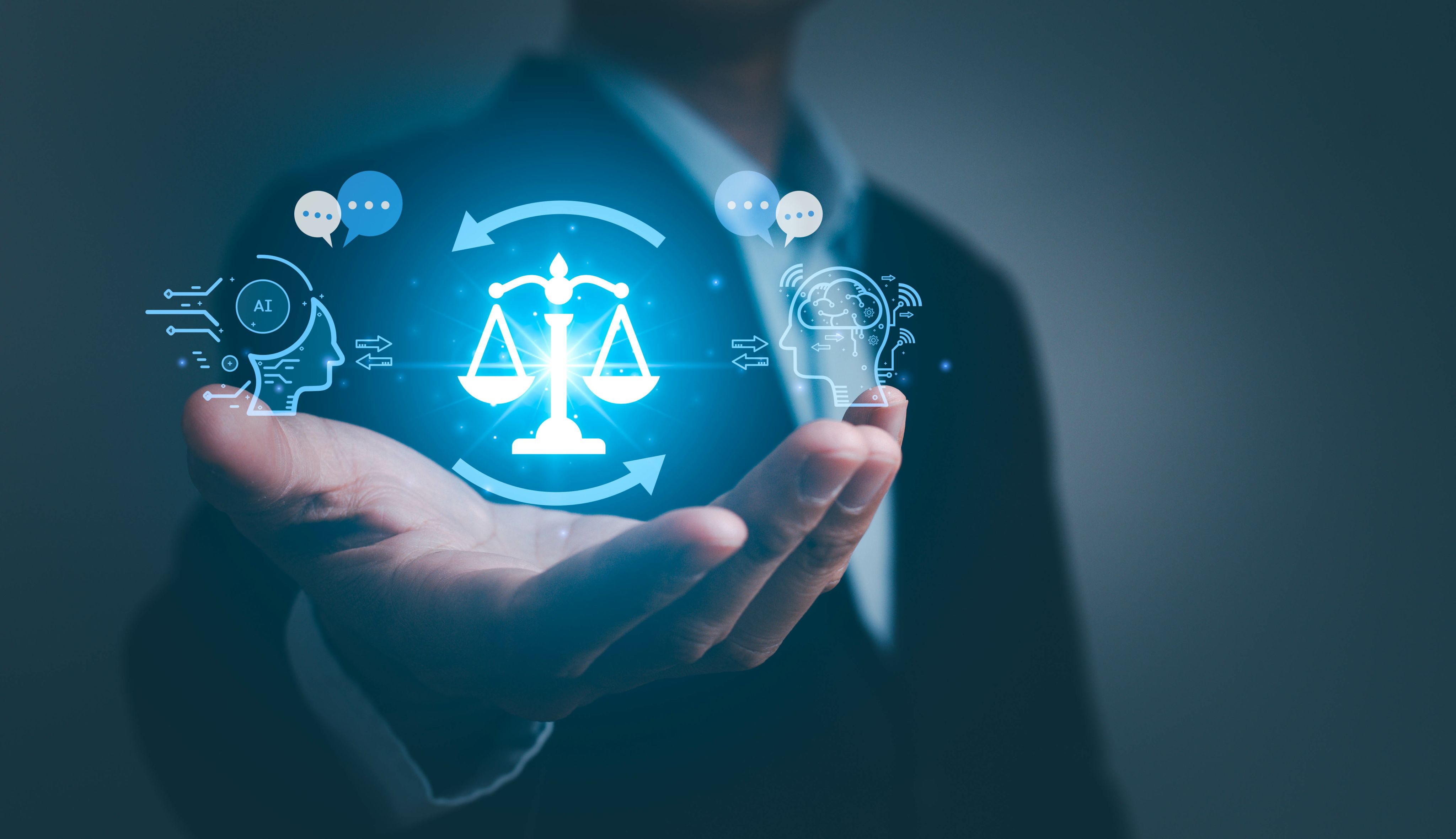 A man in a suit holding out a hand, with overlaid graphics of AI