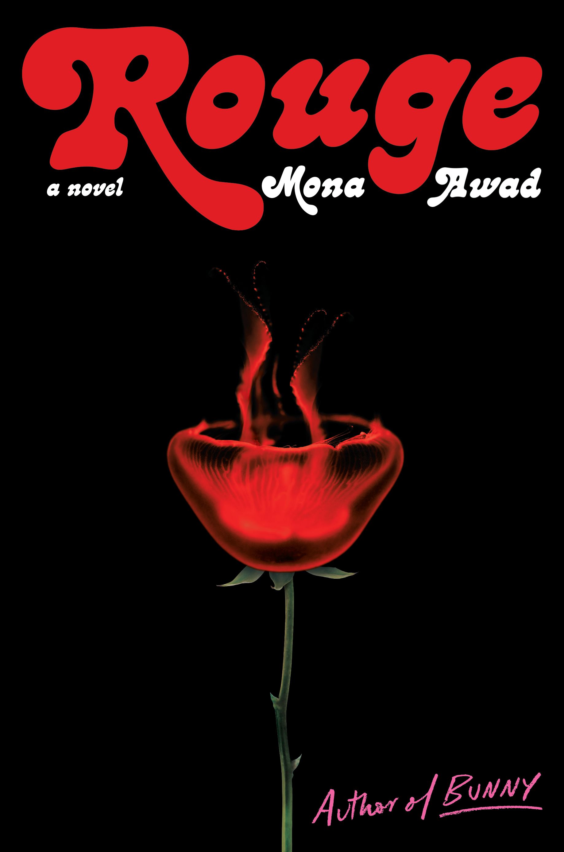 Rouge book cover with an illustrated red flower and black background 