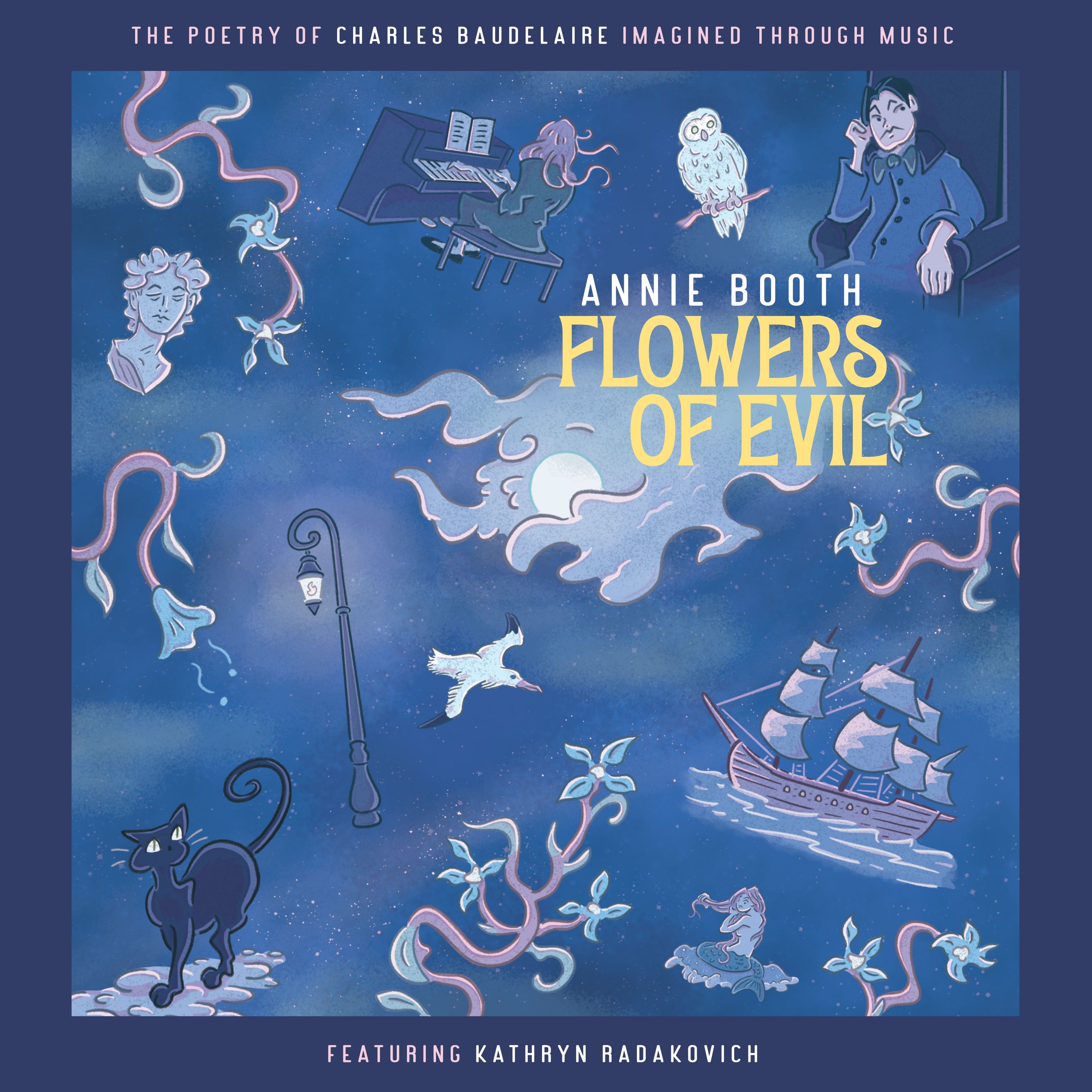Flowers of Evil album cover with floating items like a streetlight post, black cat, wooden ship, vines, and stone bust behind a blue night sky