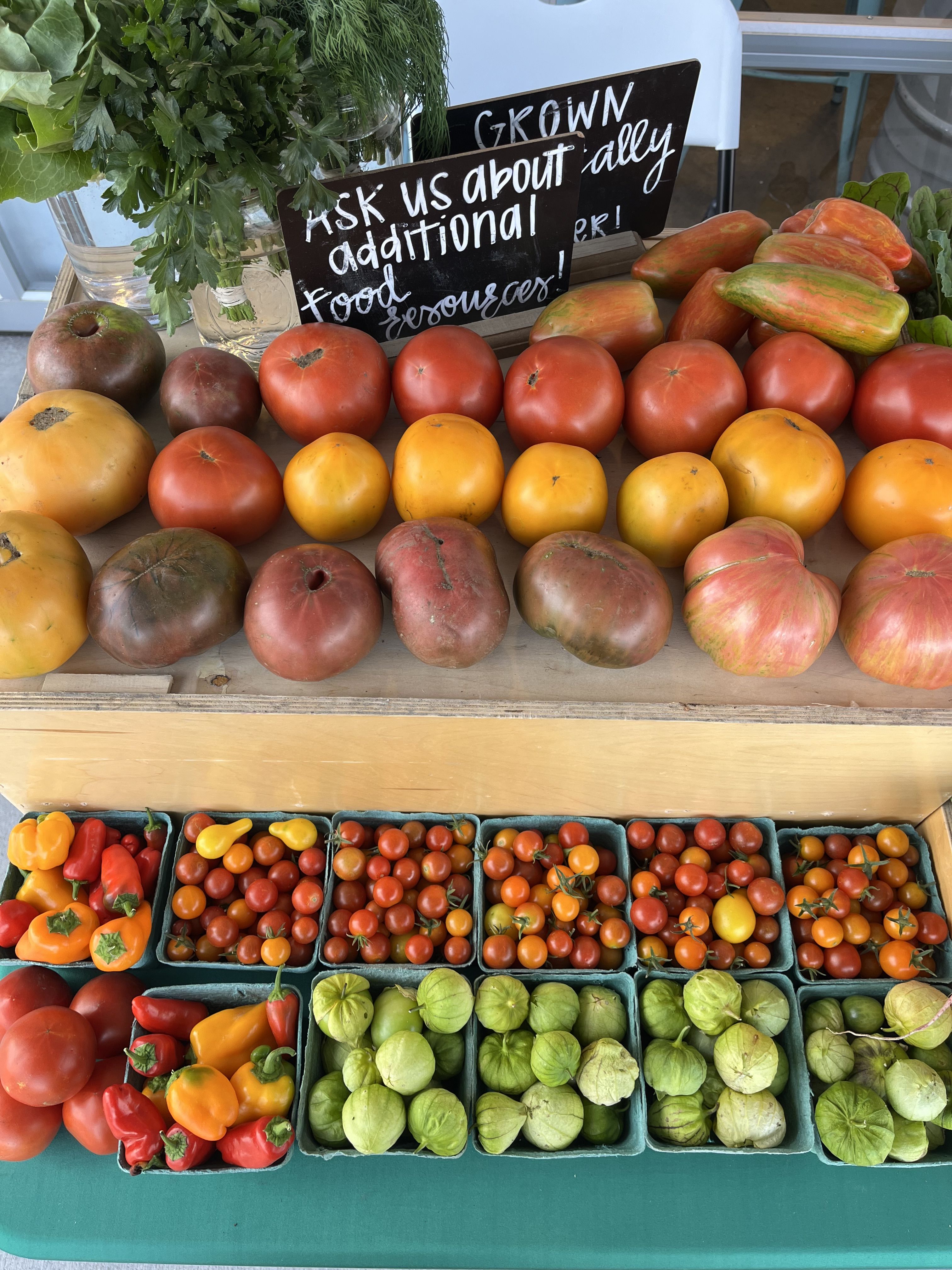 Tomatoes and other vegetables for sale at a farm stand