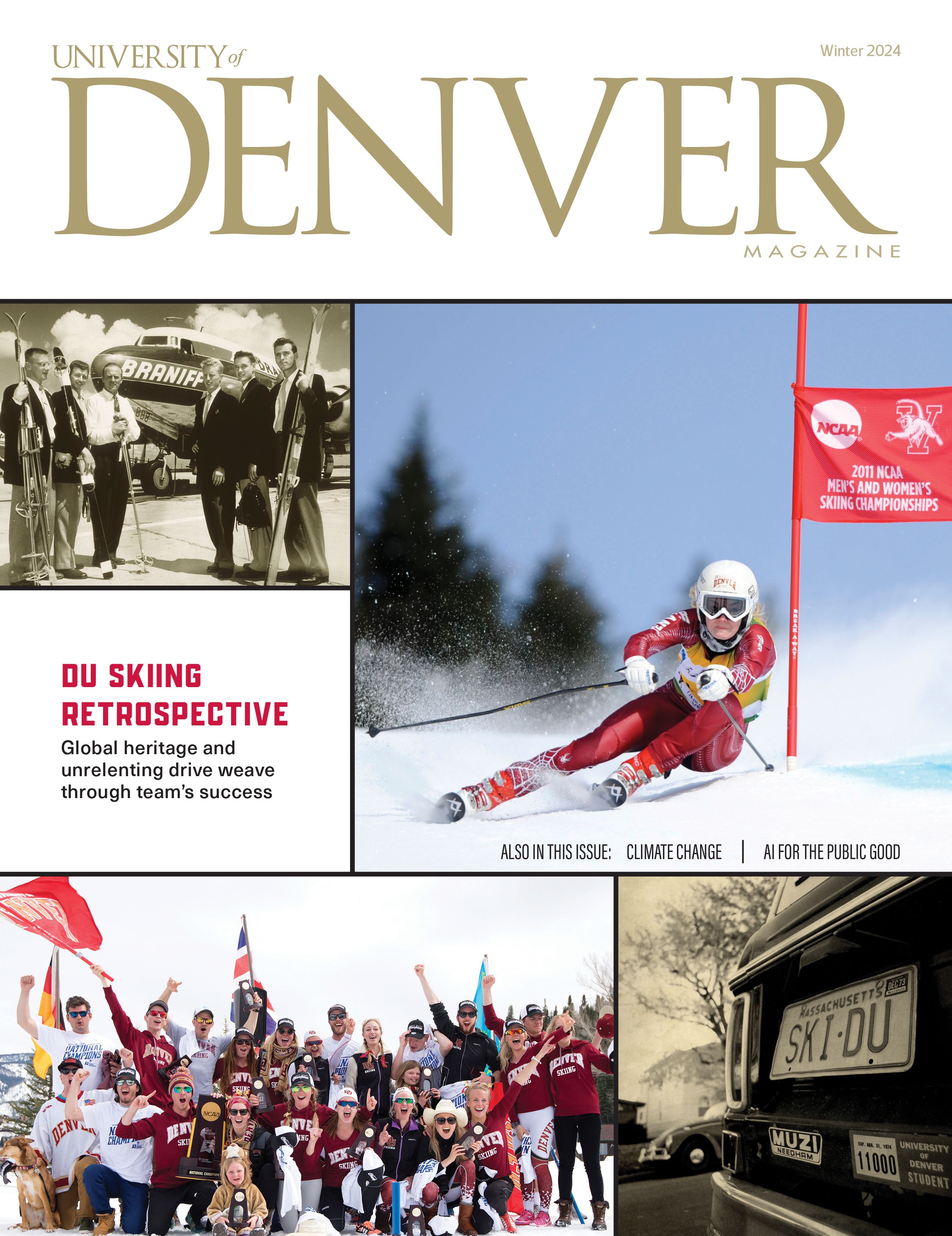 University of Denver Magazine print cover with "DU Skiing Retrospective" title and images of DU skier and ski team. 