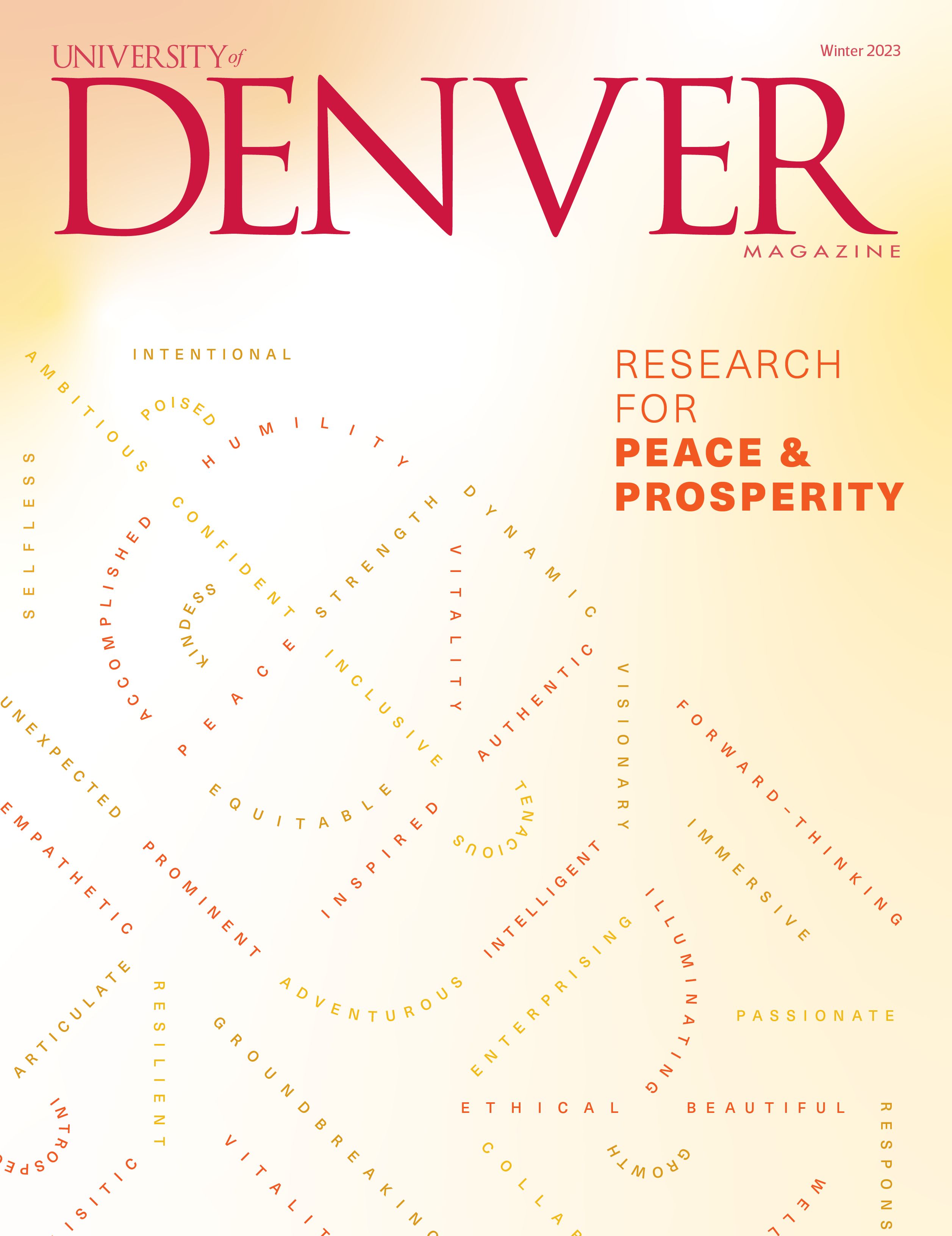 DU magazine cover with the words "peace and prosperity" and a word cloud with words "justice, peace." 